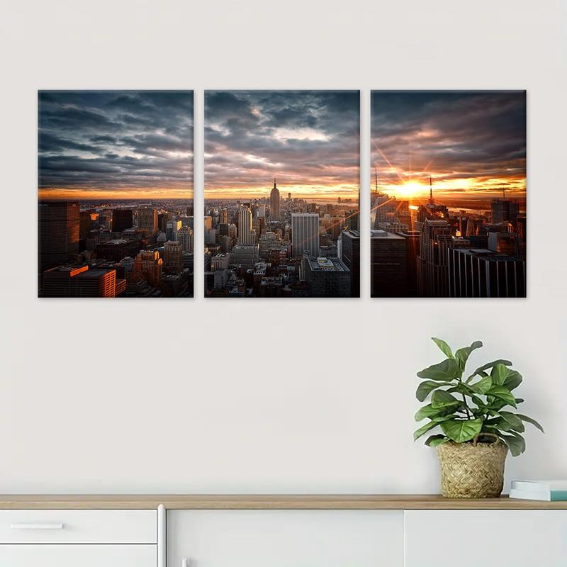 Wooden Framed Canvas Painting, 3 Counts/set City Sunset Pattern Wall Art, Modern Art Wall Decor, Home Decoration Poster for Living Room, Bedroom 5