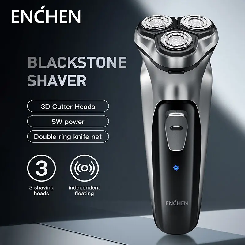 Pencukur Putar Elektrik, ENCHEN, Untuk Lelaki, Bilah Terapung 3D, Boleh Dicuci, USB Jenis-C Boleh Dicas Semula, Mesin Cukur, Blackstone