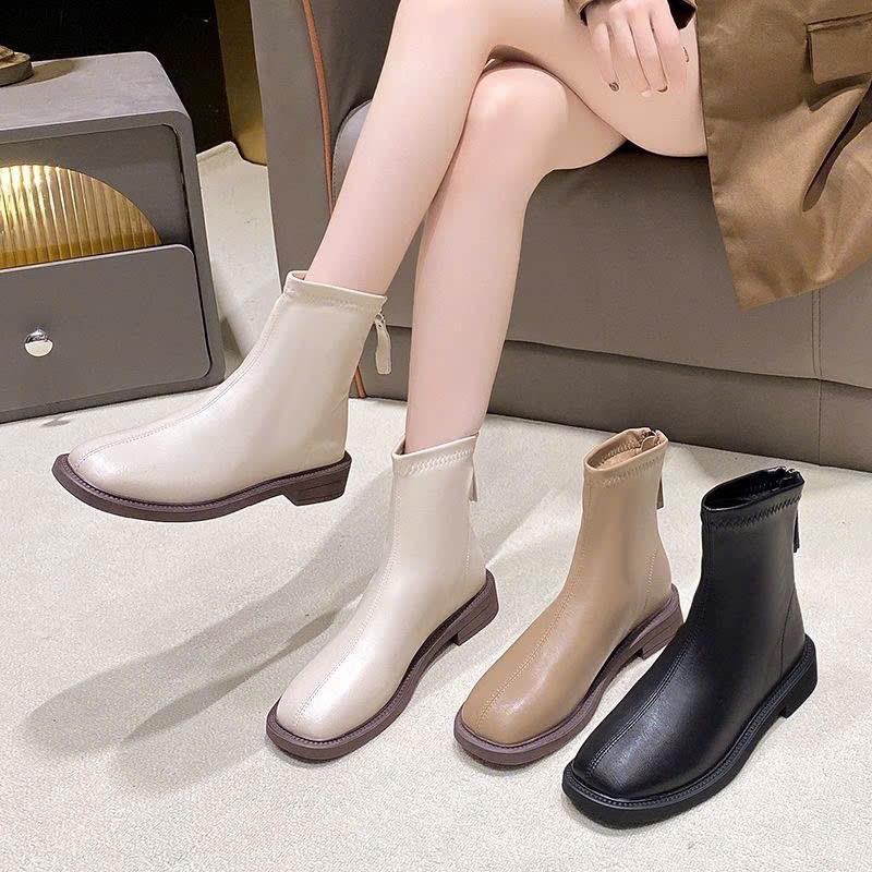 Boot nữ cổ ngắn đế bằng mũi tròn da PU thời trang 2024