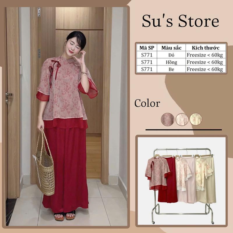 Set Bộ Bộ Áo Cách Tân Voan Hoa Nhí CÁT TƯỜNG (Kèm Quần) Phối Nơ Màu S771 Susstore Top Thời Trang Nữ