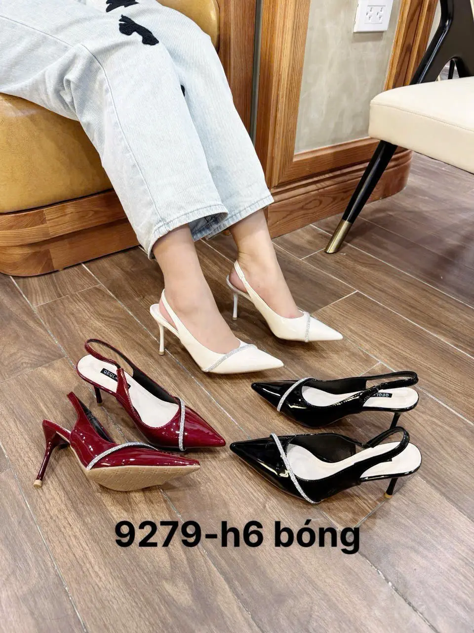 Giày cao gót nữ quai bóng phối dây xoàn trẻ trung, mã 9279 H6, gót cao 9F