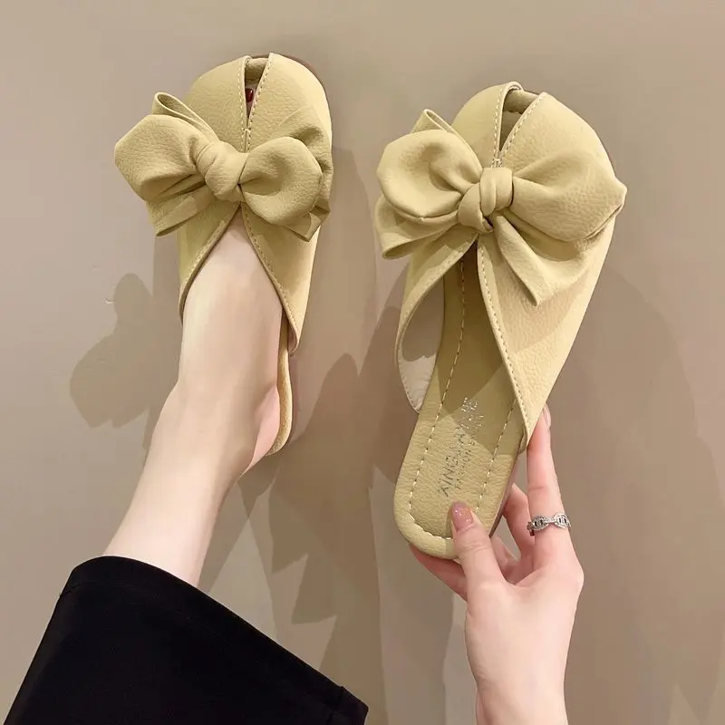Dép Nửa Ngón Bít Mũi Thắt Nơ Thời Trang, Dành Cho Nữ, Có Thể Đeo Ngoài Trời, Dép Đế Bệt Mềm, Dễ Phối Đồ Phong Cách Hàn Quốc Mới Mùa Hè 2024 3