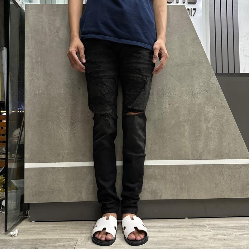 Quần jean purple đen rách gối vá vải cứng ôm gọn đẹp 4 cúc cotton