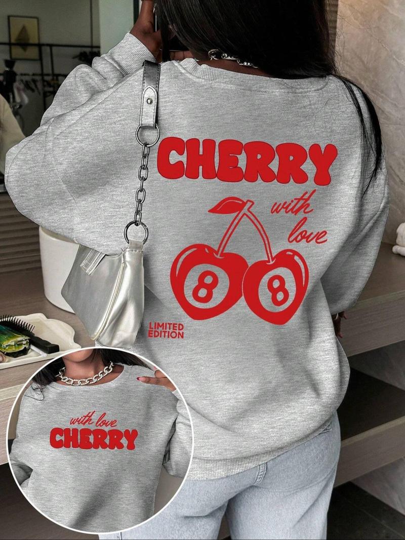 Product Introduction of Women's Cherry ＆ Letter Print Crew Neck Pullover, Casual Long Sleeve Sweatshirt for Daily Wear, Ladies Clothes for Winter 1
