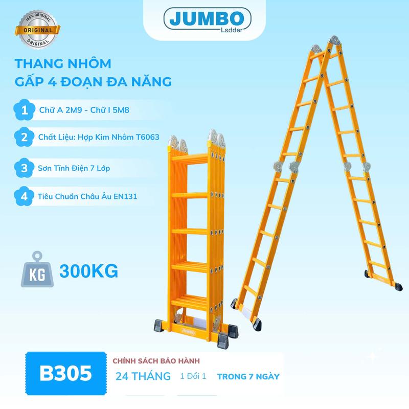 Thang nhôm gấp 4 đoạn JUMBO B305, chữ A cao 2.9m, chữ I cao 5.8m, 14 tư thế sử dụng