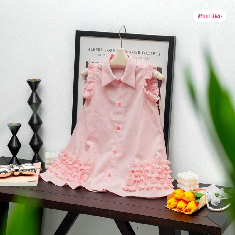 [Mimi Meo - TD282] Váy bé gái mùa hè 9-34kg (Kèm Túi) Có size Mẹ - Vải đũi hồng chấm bi nhấn bèo sành điệu