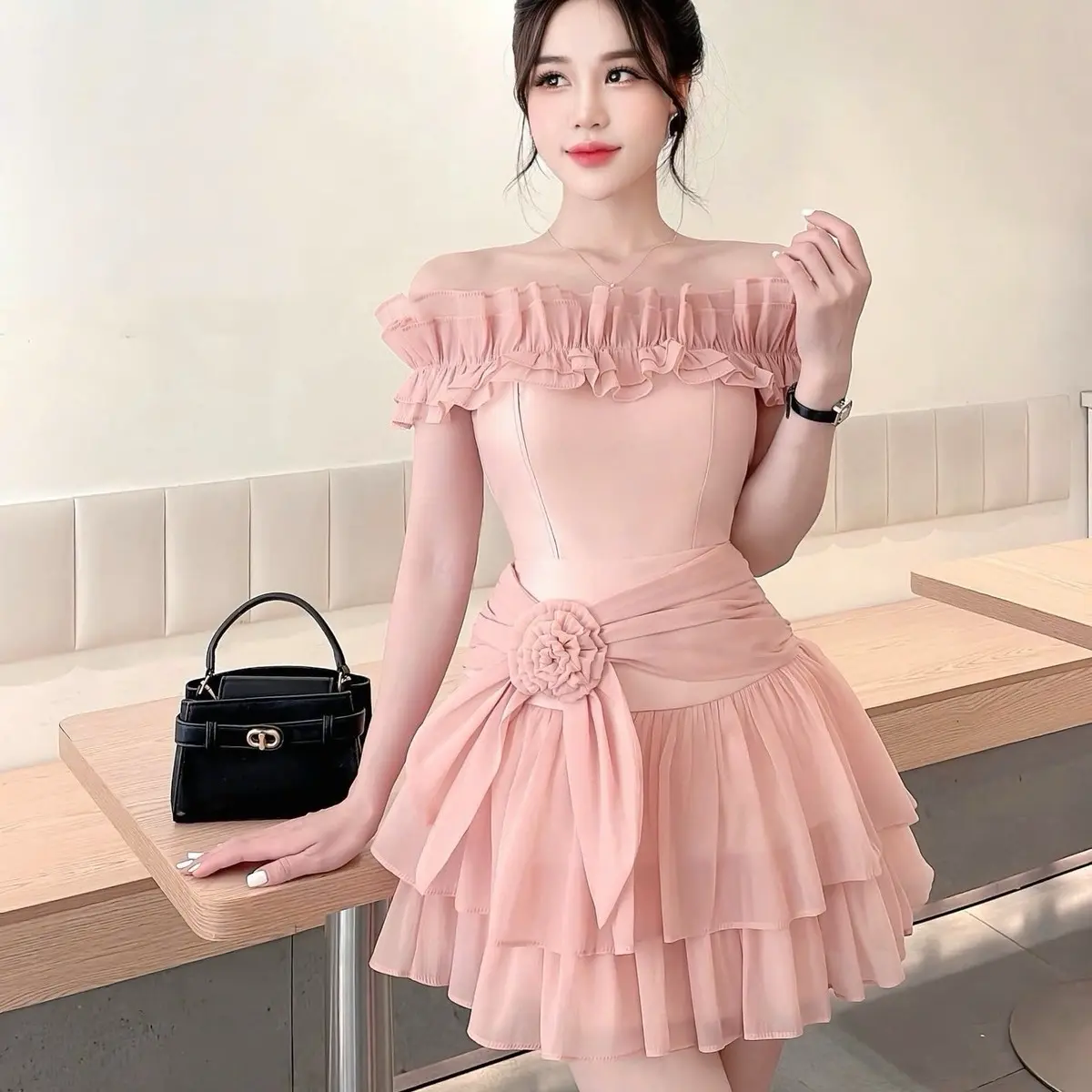 HĐ - Váy Thiết Kế Váy Dự Tiệc Tafta Trễ Vai Tơ Đính Nơ Hoa Eo Ba Màu V2328 Nữ Women