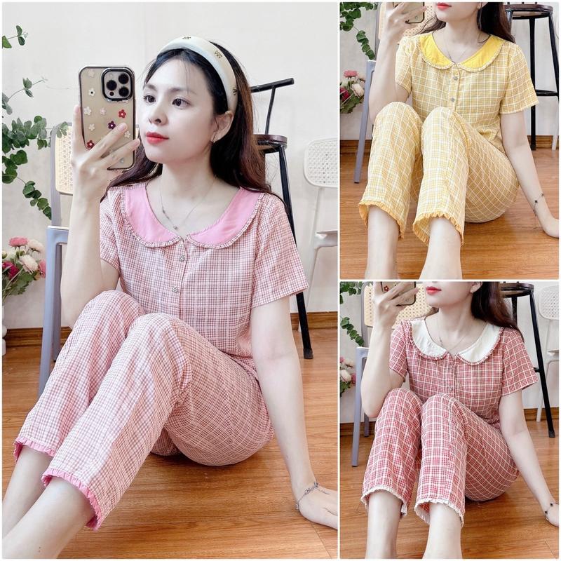 bộ cổ sen tay dài và tay cộc chất thô kẻ lông