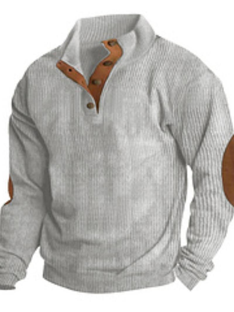 Product Introduction of Men's Regular Fit Patched Detail Stand Collar Sweatshirt, Casual Long Sleeve Pullover for Spring & Fall, Fashion Men's Top for Daily Wear 2