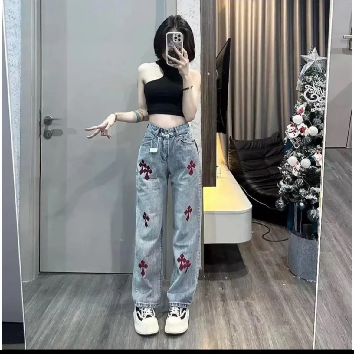 Quần Jean ống suông thuê chữ Nữ Women Trắng