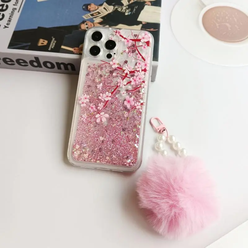 Glitter Blossom Pattern Phone Case with Plush Lanyard, Decorative Phone Protector Cover, Phone Accessories Compatible with iPhone 11 12 13 14 15 16 Pro Max/Pro/Plus, Casing 7