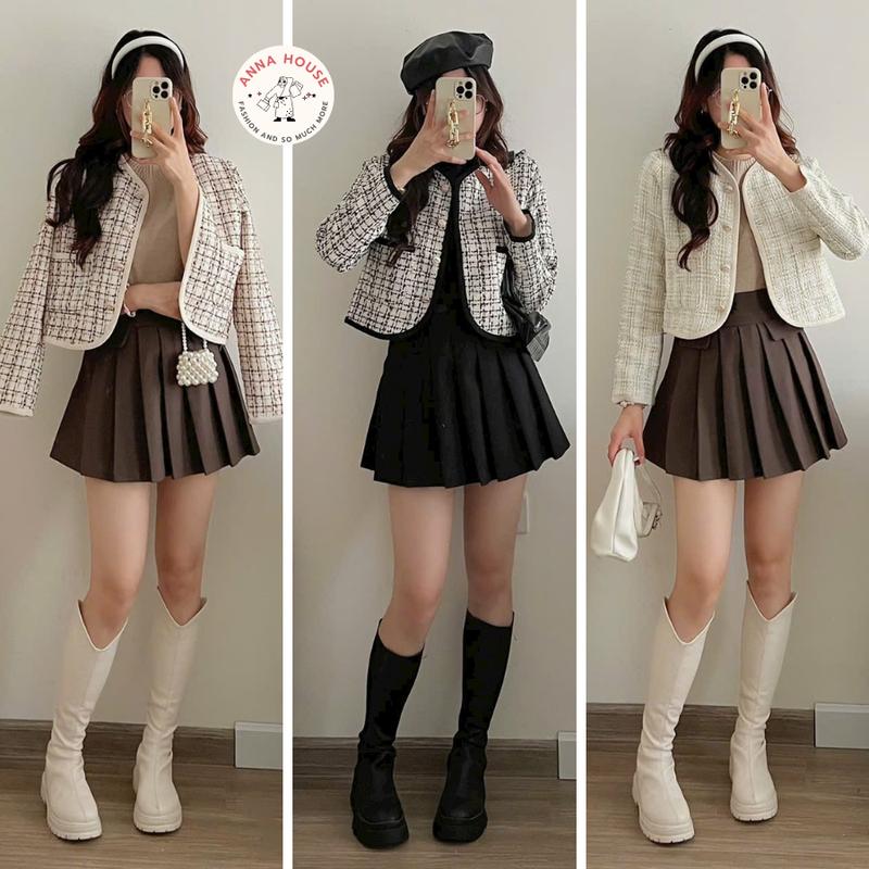 Áo Khoác Cardigan Nữ Croptop Chất Dạ Tweed Kẻ Caro Cổ Tròn Dáng Ngắn phối viền Áo Dạ Tweet Khoác Ngoài Dáng hai lớp Jacket Thun aokhoac big