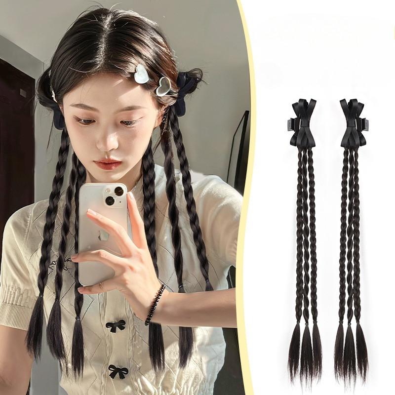 Tóc Giả Mô Phỏng, Hàng Mới Về, Bện Xoắn, Phong Cách Ngọt Ngào Và Ngầu Có Nơ Ruy Băng, Kẹp Tóc, Thích Hợp Cho Bé Gái Ngọt Ngào, Kẹp Lấy Tóc Đuôi Ngựa, Bện Đấm Bốc, Phụ Kiện Tóc