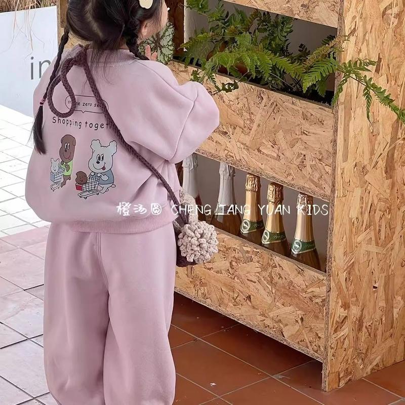 Bộ Đồ Áo Len Thời Trang, Lót Lông Cừu Cho Bé Gái, Quần Áo Mùa Đông Mới 2024, Phong Cách Hoạt Hình Hàn Quốc, Quần Áo Trẻ Em, Bộ Đồ Hai Mảnh Dày Dặn, Cho Bé Gái Heo Len Tăm 3