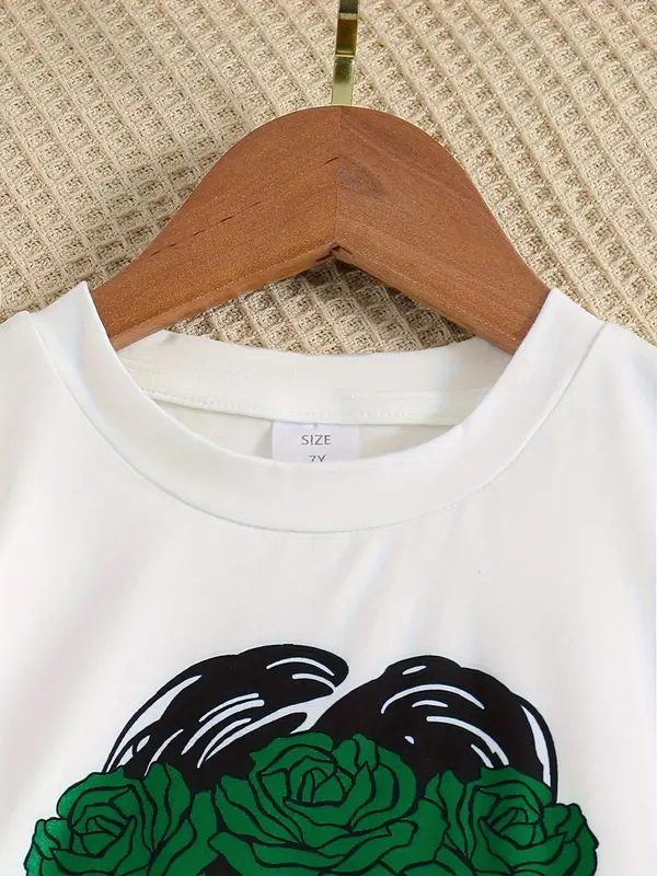 Two-piece Set Girl's Figure Letter Print Tee Top & Belted Straight Leg Pants Set, Round Neck Short Sleeve T-shirt & Elastic Waist Trousers for Daily Wear, Kid's Summer Clothes 8