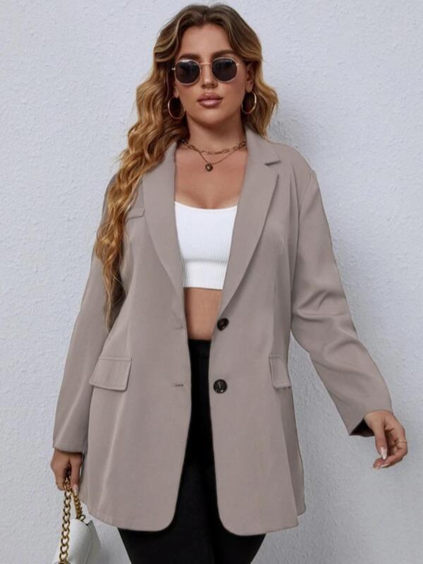 Plus Size Women's Solid Color Pocket Button Front Blazer, Plus Casual Long Sleeve Lapel Neckline Blazer for Spring & Fall, Coats for Women, Women's Plus Clothes for Daily Wear 4