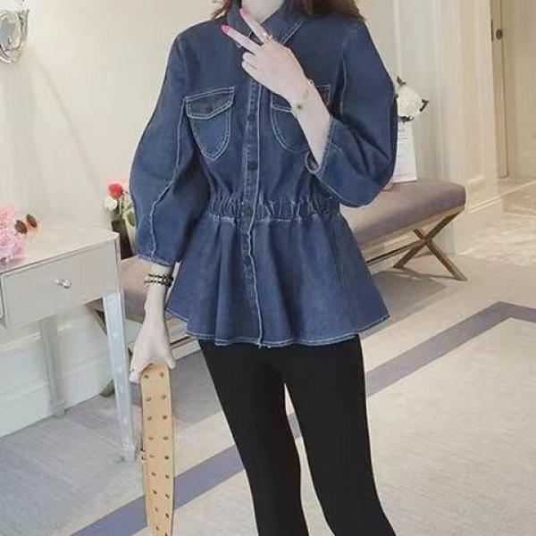 Product Introduction of [Denim jumper dress] shirt retro 2024 design denim new Hong Kong style elegant French top tight waist niche western style shirt jean sweater 6