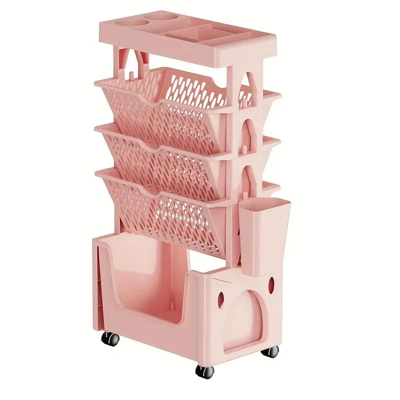 Multi-layer Table Side Divided Sundries Storage Box, 1 Count Movable Storage Rack with Wheels, Space-saving Durable Storage Book Shelf for Home Office School