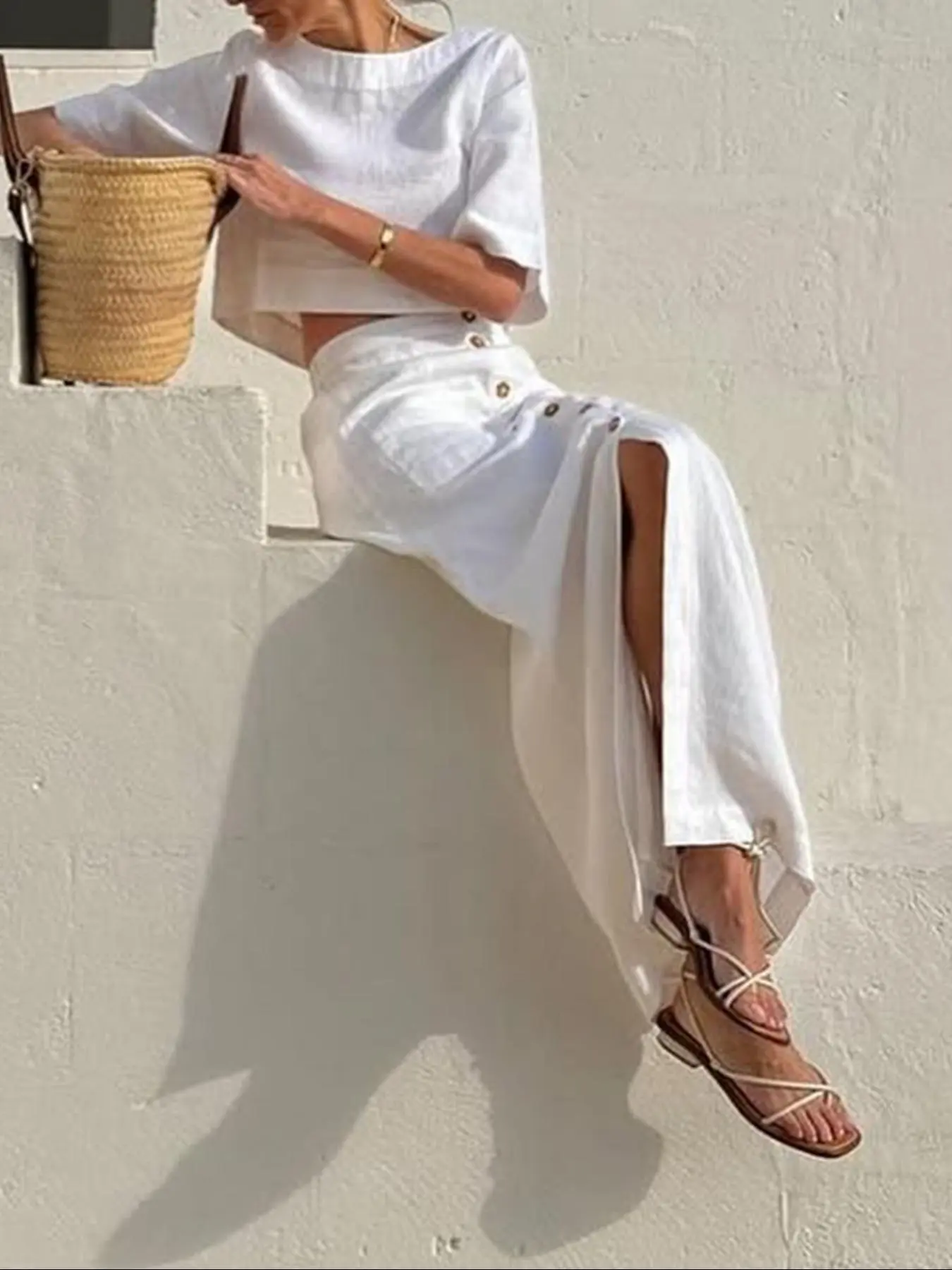 Women's Solid Color Skirt & Crop Top Set, Elegant Fashion Casual Two-piece Outfits for Daily Outdoor Wear, Ladies Clothes for Summer