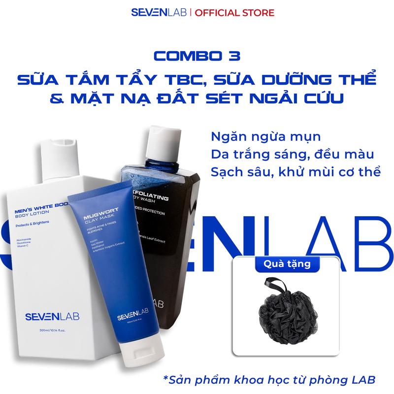 Combo 3 sữa dưỡng thể trắng da, sữa tắm tẩy tế bào chết và mặt nạ đất sét ngải cứu nam giới SEVENLAB