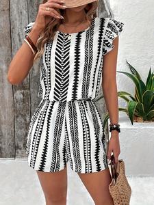 Mono corto estampado para mujer, mono casual boho con amarre atrás para verano, ropa de mujer para vacaciones y días festivos en la playa, moda femenina