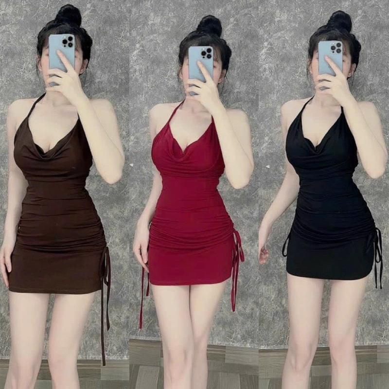 Đầm ôm body rút dây hông cổ đổ cột dây sau lưng - thun mịn Nữ Kem  Dress Women Tre Đỏ