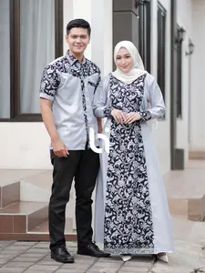 Bi - baju batik couple gamis moscrep pasangan kombinasi batik prada bakung fashion muslim panjang Kondangan Syari Sarimbit Wanita Ibu Keluarga Pesta Lebaran Mewah Gaun