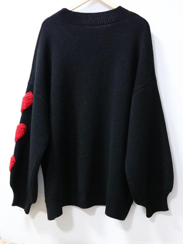【Plus Size】 Colorblock Heart Pattern Crew Neck Sweater, Casual Chic Long Sleeve Pullover Jumper for Daily Outdoor Wear, Women Plus Clothing for Fall & Winter 3