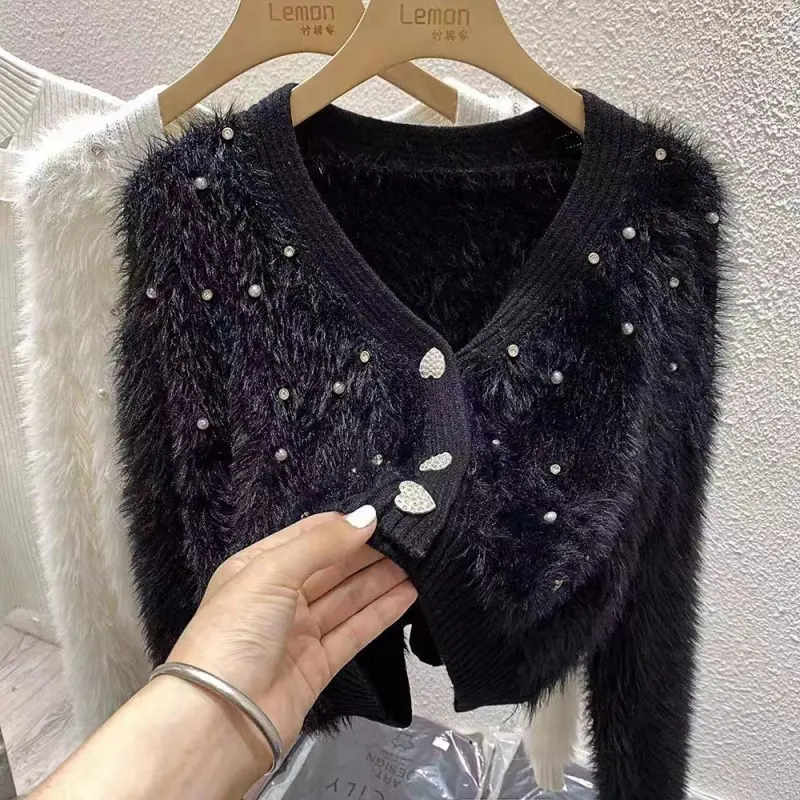 Classic Style Beaded Artificial Mink Fur Sweater Coat Women's Autumn and Winter 2024 New Loose Short Collar Knitted Cardigan