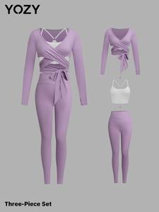 YOZY-GOOO Women's Solid Criss Cross Tie Front Tee & Pants & Backless Crop Cami Top Three-piece Set, Casual Sporty Outfits for Yoga Gym Workout Running, Ladies Clothes for All Seasons