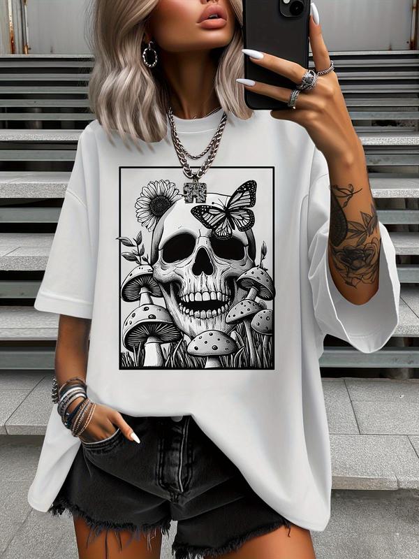 【Plus Size】butterfly & Skull & Sunflower & Mushroom Print Round Neck Tee, Loser Core Outfits Casual Drop Shoulder Half Sleeve T-shirt for Summer, Graphic Tees, Halloween Women's Plus Clothing for Daily Wear, Tops 2