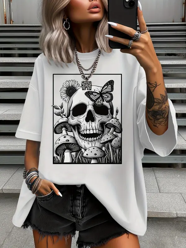 【Plus Size】butterfly & Skull & Sunflower & Mushroom Print Round Neck Tee, Loser Core Outfits Casual Drop Shoulder Half Sleeve T-shirt for Summer, Graphic Tees, Halloween Women's Plus Clothing for Daily Wear, Tops 1