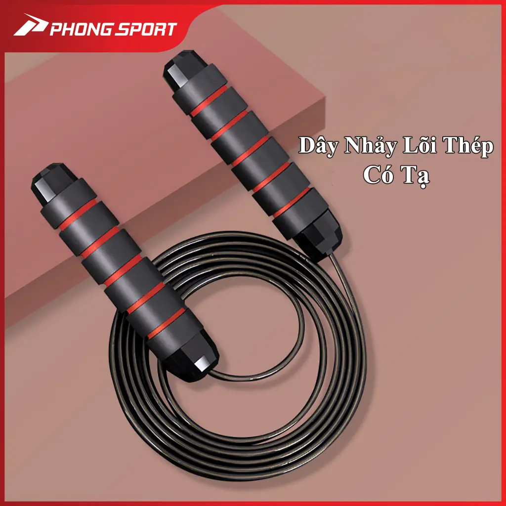 Dây nhảy lõi thép cao cấp 2,7m có tạ , tây cầm thấm hút mồ hôi - Phongsport