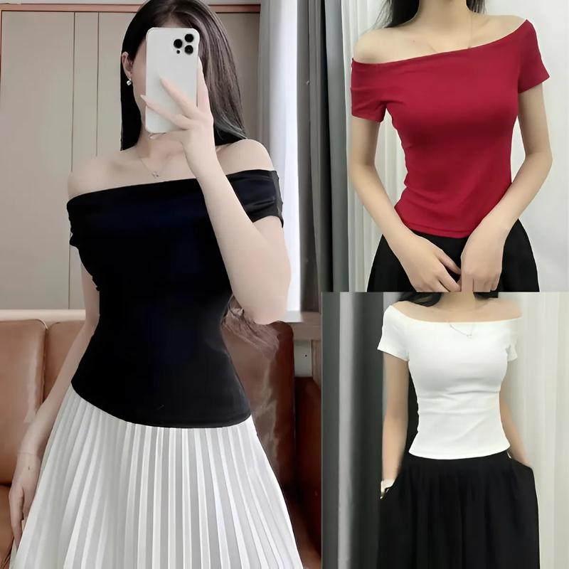 Áo Trễ Vai Cộc Tay Nữ Chất Thun Co Giãn 4 Chiều - Áo Kiểu Nữ Bẹt Vai Mùa Hè 3 Màu Siêu Mịn Mát ( Trễ Vai 3 Màu)