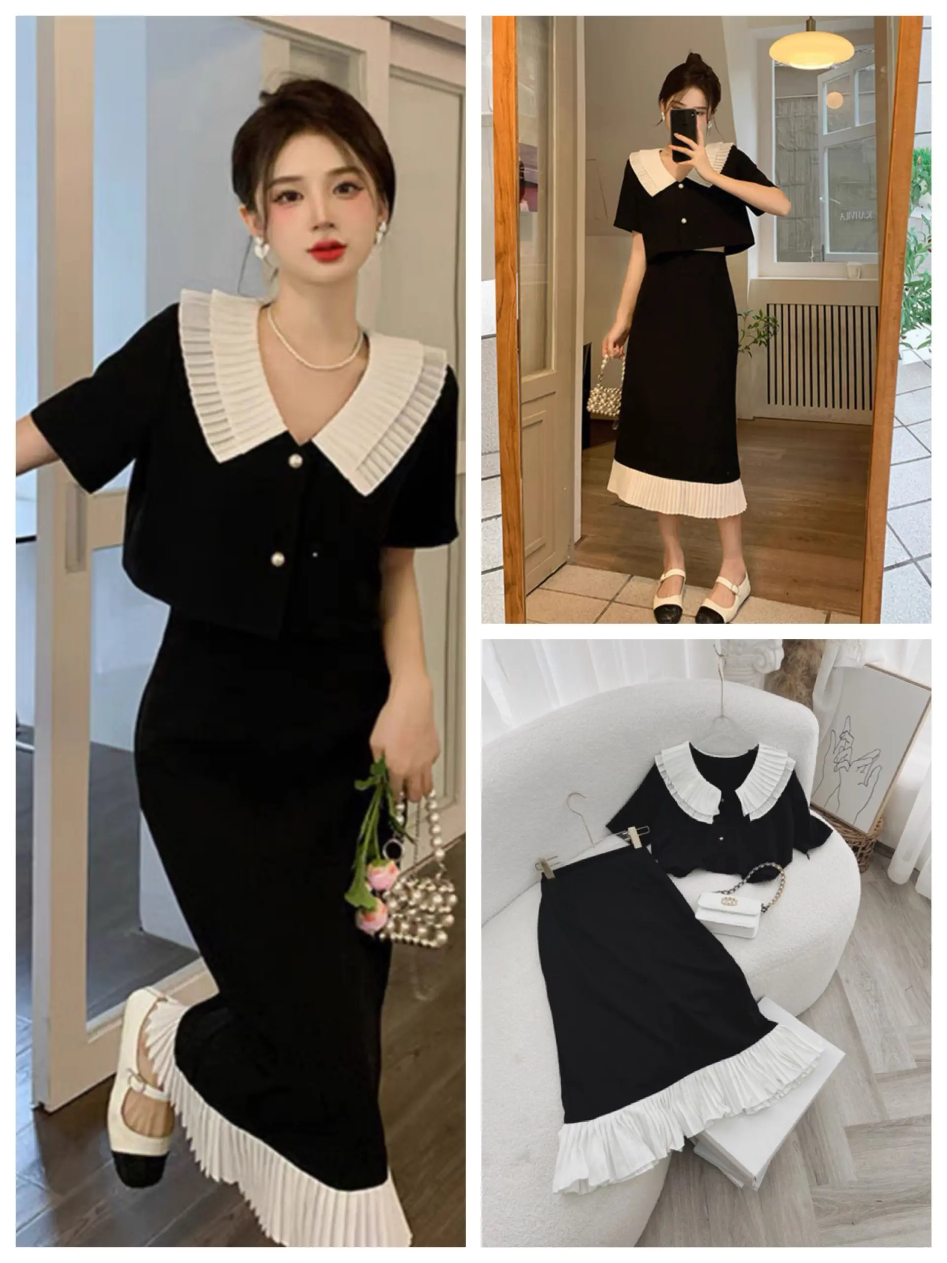 Set áo croptop nữ tay ngắn cổ sen mix chân váy midi dáng dài dập ly trắng thời trang có Bigsize-S01