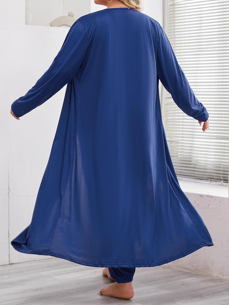 Product Introduction of 【Plus Size】 Three-Piece Set Solid Long Sleeve Open Front Lounge Robe & Elastic Waist Pants & Tank Top Set, Casual Comfy Pyjama Set for Women, Women's Sleepwear for Spring & Fall 2