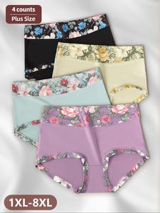 Plus Size Floral Print Brief, Soft Comfy Breathable High Waist Knicker for Daily Wear, Women's Underwear for All Seasons