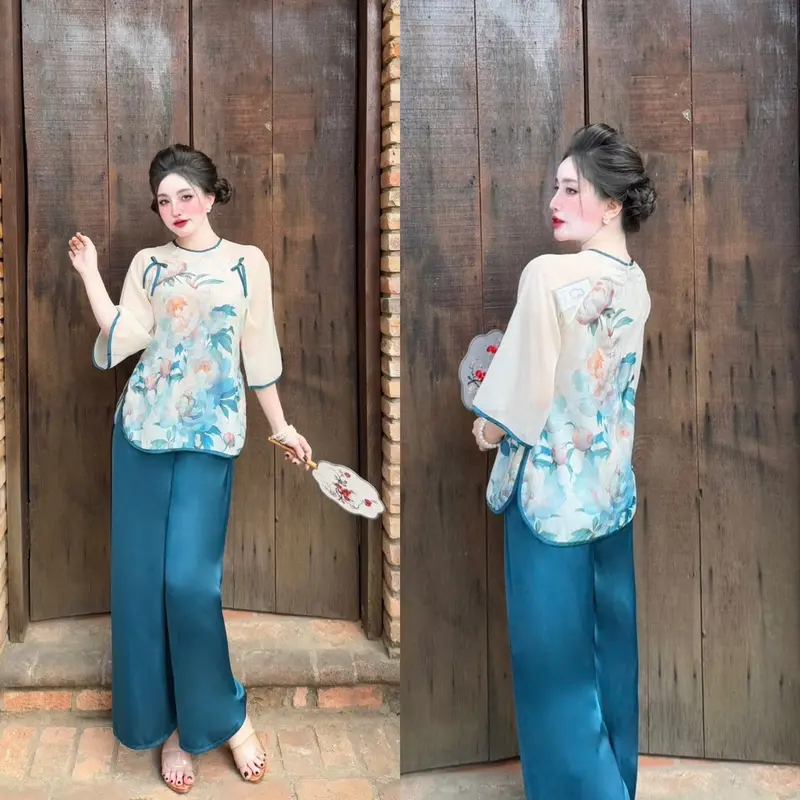 Đồ lam nữ đi chùa, áo vải voan tơ ánh nút ngọc nơ (có lót), quần lụa latin. Freesize 45-63kg. 2