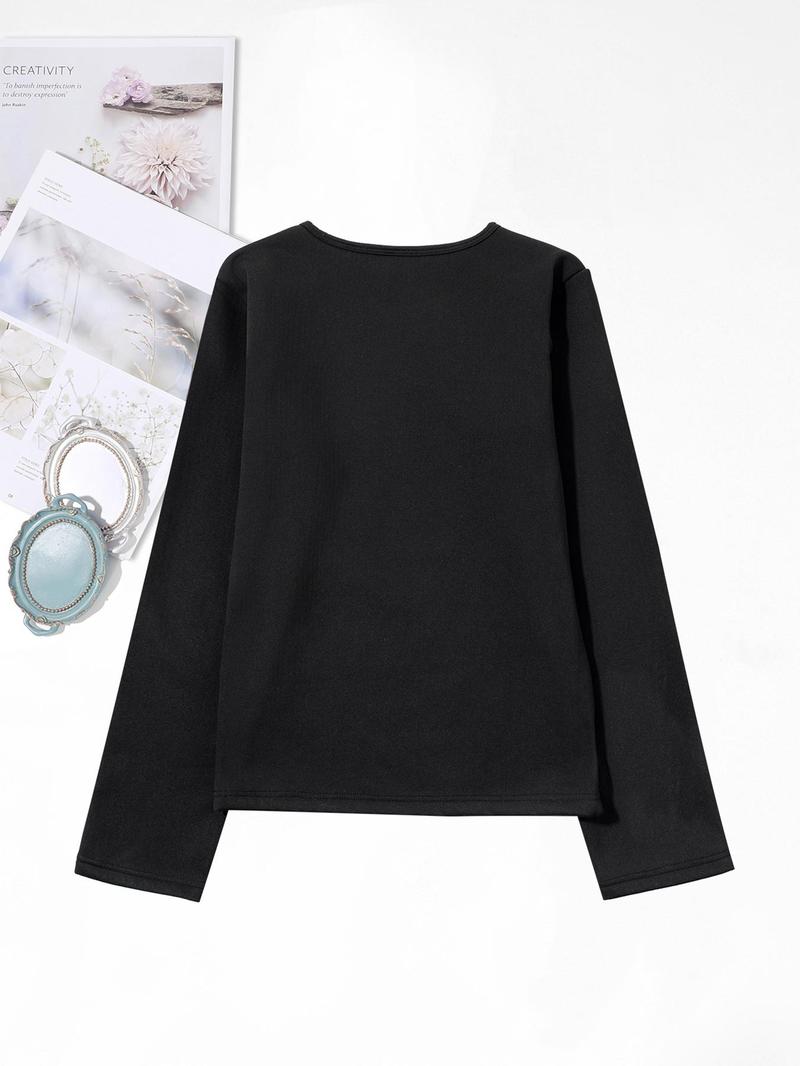 Product Introduction of Women's Cartoon Cat & Letter Print Round Neck Thermal Lined T-shirts, Casual Long Sleeve Crew Neck Tee for Fall & Winter, Women's Clothes for Daily Wear 2