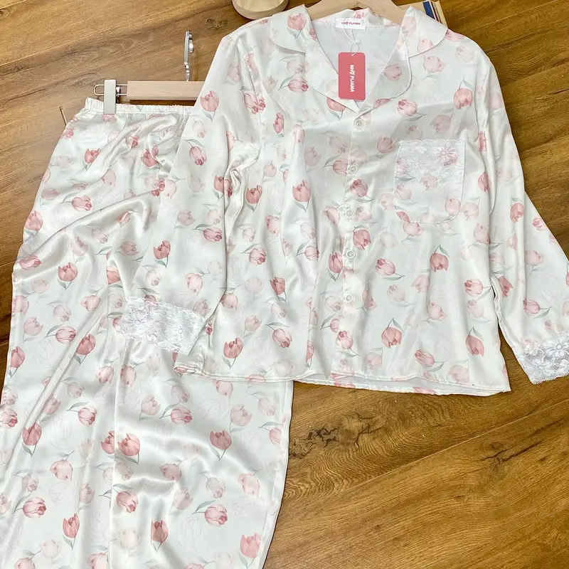 M114 NHỌ PYJAMAS Bộ mặc nhà HOA TRÀ XANH phối ren tiểu thư sang chảnh 3