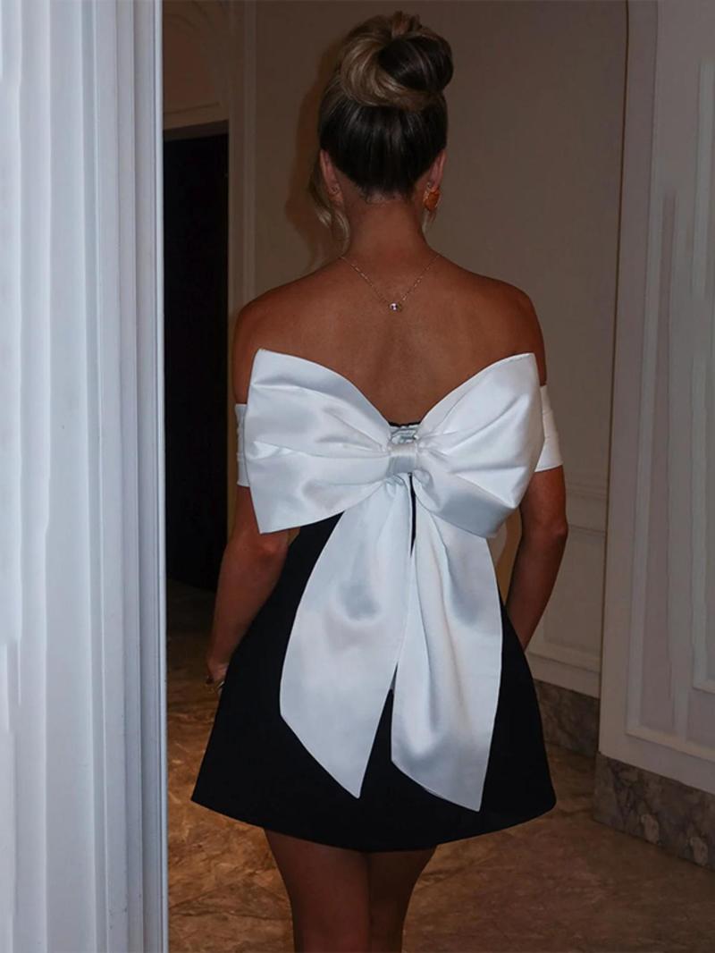 Product Introduction of Women's Colorblock Big Bow Decor Off The Shoulder Dress, Elegant Fashion Casual A Line Short Dress for Daily Outdoor Wear, Women Dress for Spring & Fall 4