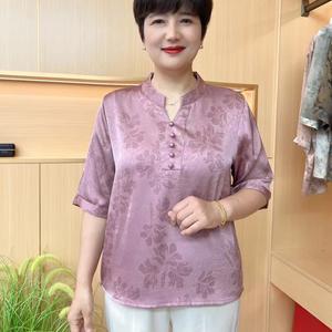 Fashionable V-Neck Short Sleeve Tshirt for Middle Aged Women Loose Half Sleeve Shirts New Design Retro Tops