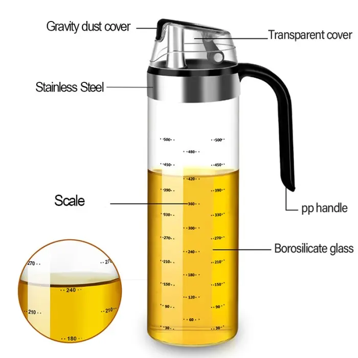 Botol Minyak 550ml – Desain Modern, Penutup Mekanik Otomatis, Botol Kaca Borosilikat Tahan Panas 7