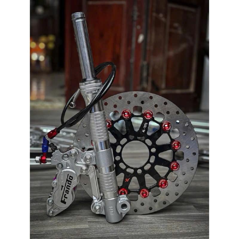 Combo 4 món Đĩa kindrag 267mm Đen nút Đỏ gắn mâm 4 lỗ + heo Frando 4pis Bạc + Dây dầu Nhôm + pát lỗ ốc 10li