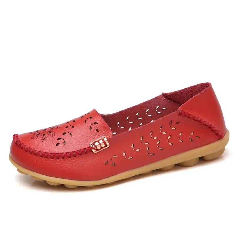 Genuine Leather Women Ballet Flats Summer Loafers Moccasins Folding Round Toe Metal Flower Slip On Casual Shoes