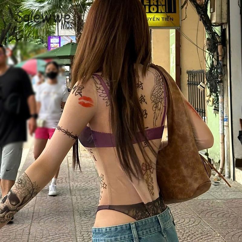 Áo Liền Quần Nữ, Tay Áo Dài, Cổ Thuyền In Hình Bikini Giả, Áo Liền Quần Vừa Vặn, Trang Phục Đi Club 5