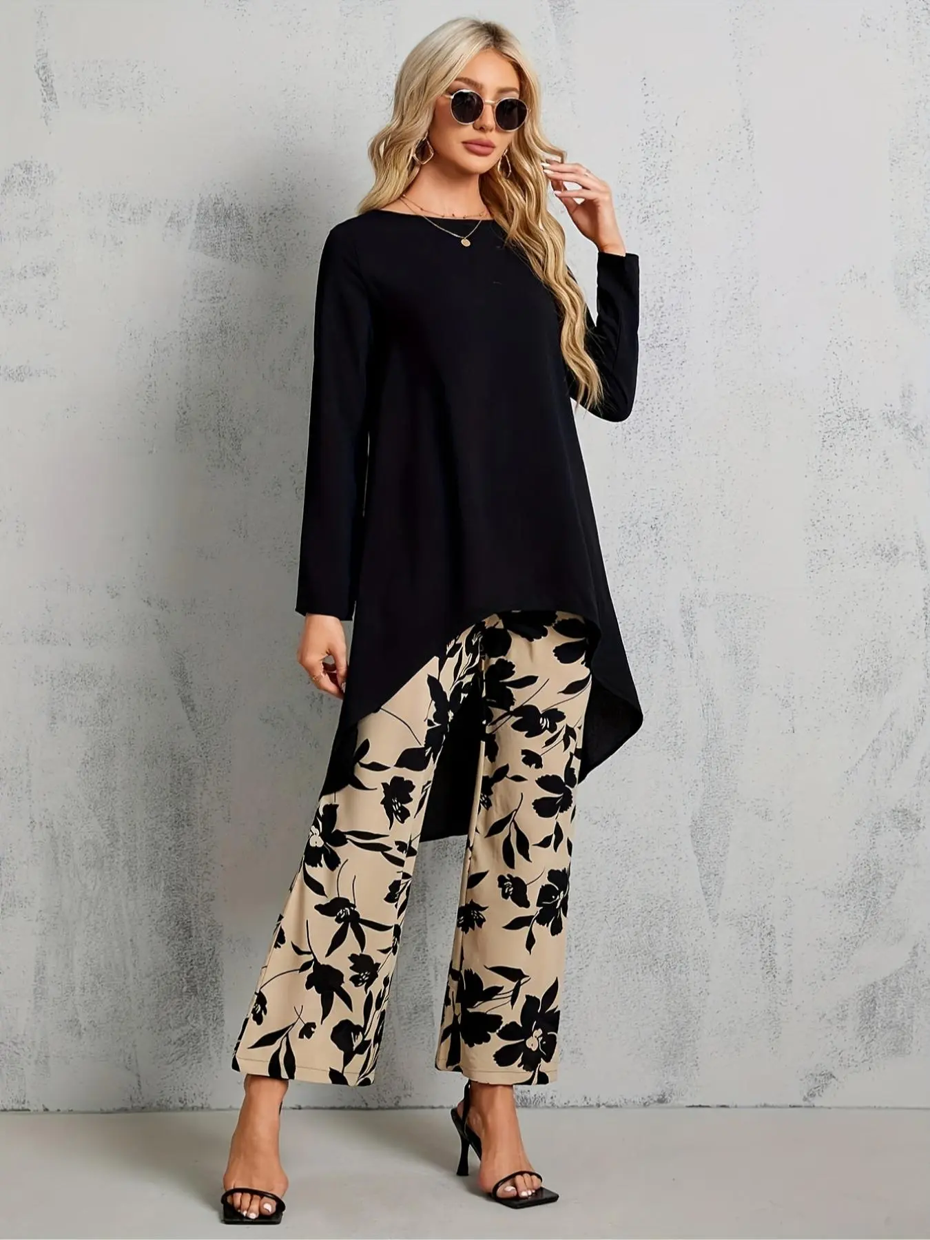 Women's High Low Hem Top & Floral Print Wide Leg Pants Two-piece Set, Elegant Fashion Casual Round Neck Top & Trousers for Daily Outdoor Wear, Women's Clothing for Spring & Fall