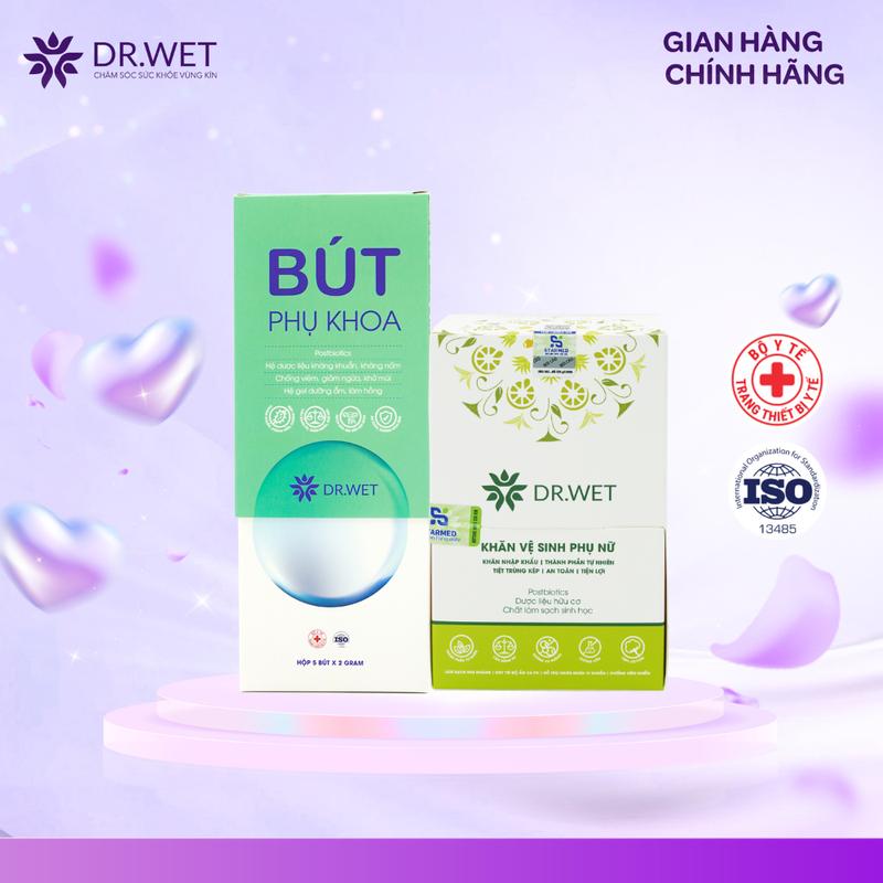 Combo Khăn ướt vệ sinh phụ nữ, Bút phụ khoa DR.WET hỗ trợ giảm viêm, giảm ngứa, giảm mùi