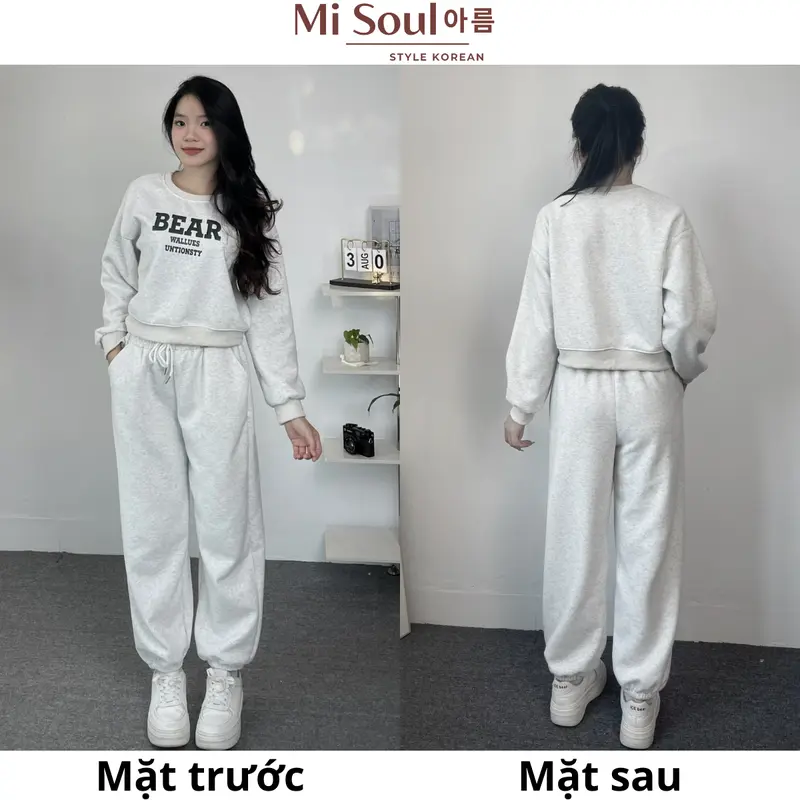 Set Nỉ BEAR In Chữ Ngực Kèm Quần Chun Dây Rút Bo Gấu BigSize MiSoul, Bộ Áo Gấu Form Thụng 357 Nữ Kem 3