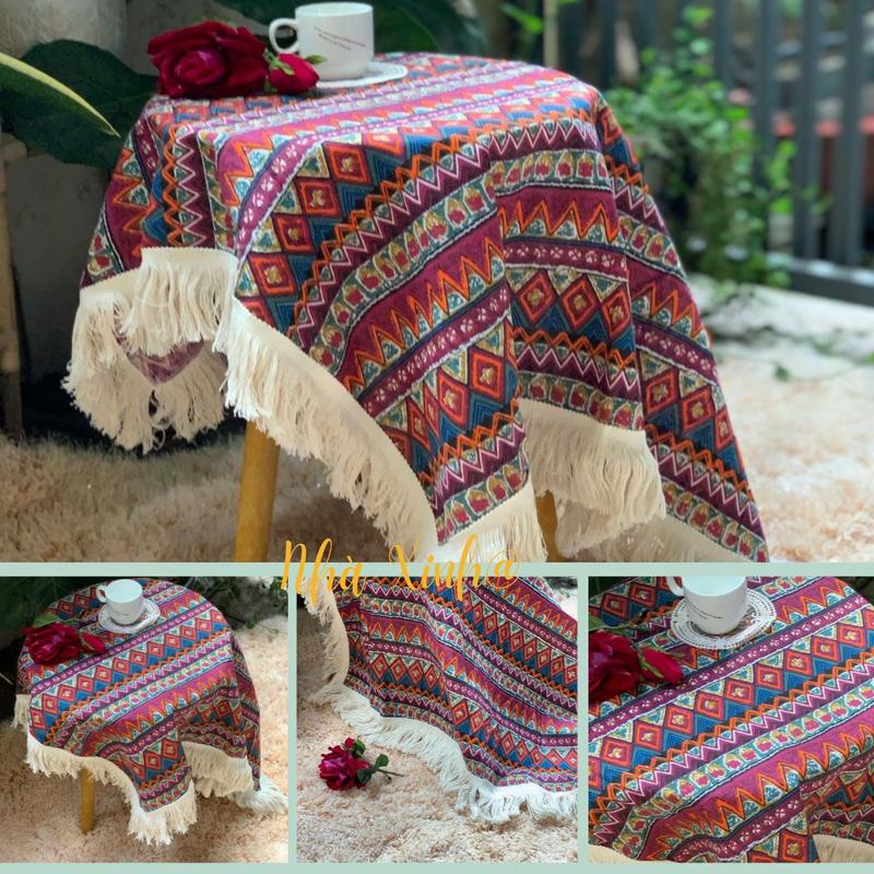 Product Introduction of Khăn trải bàn họa tiết thổ cẩm phối ren tua rua sang trọng vải bố thô canvas decor Nhà Xinh@ trang trí bàn ăn xanh đỏ 21